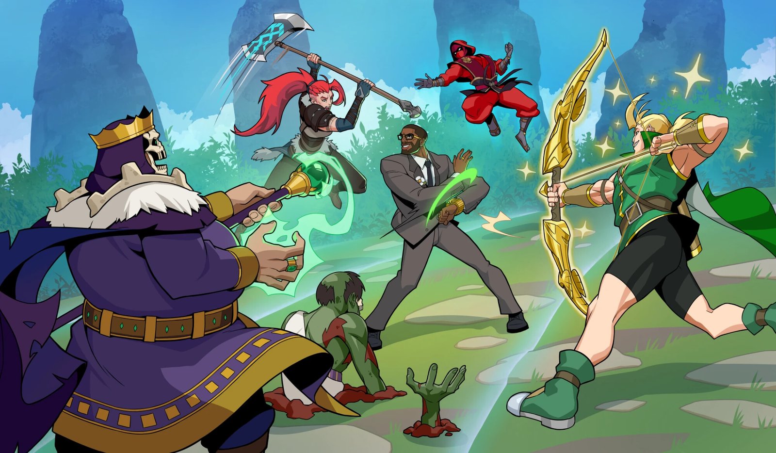 Legends of the Arena key art: six Legends brawling in the Arena